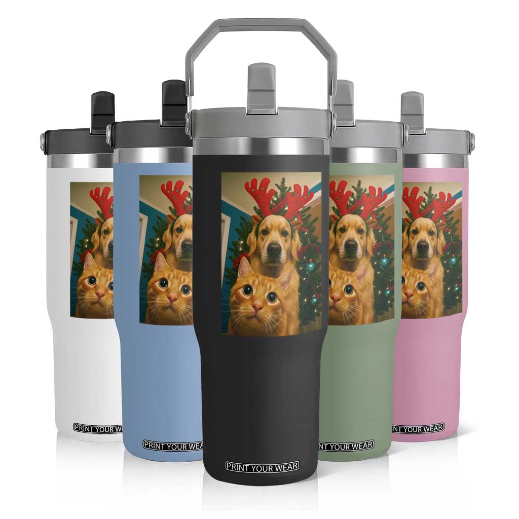 Funny Cat With Dog Selfie Christmas Flip Straw Tumbler Pet Lover Xmas Gift TS14 Print Your Wear