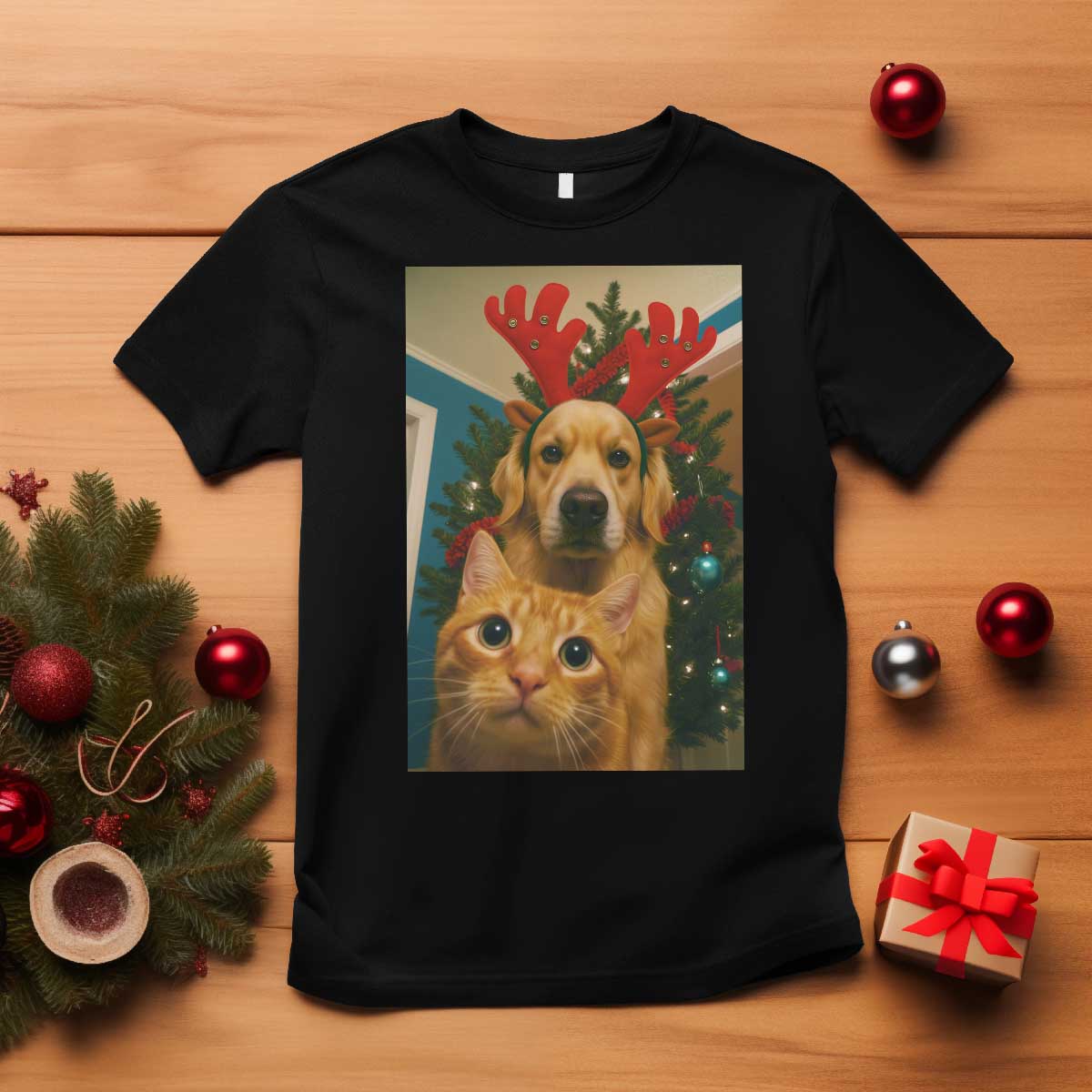 Funny Cat With Dog Selfie Christmas T Shirt Pet Lover Xmas Gift TS14 Black Print Your Wear