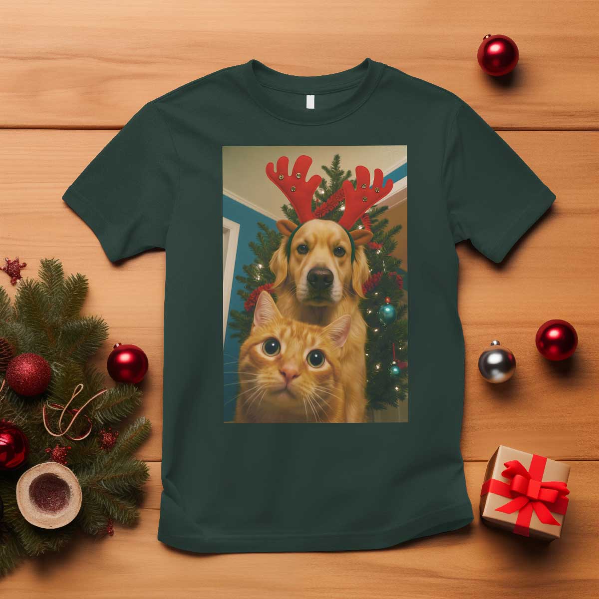 Funny Cat With Dog Selfie Christmas T Shirt Pet Lover Xmas Gift TS14 Dark Forest Green Print Your Wear
