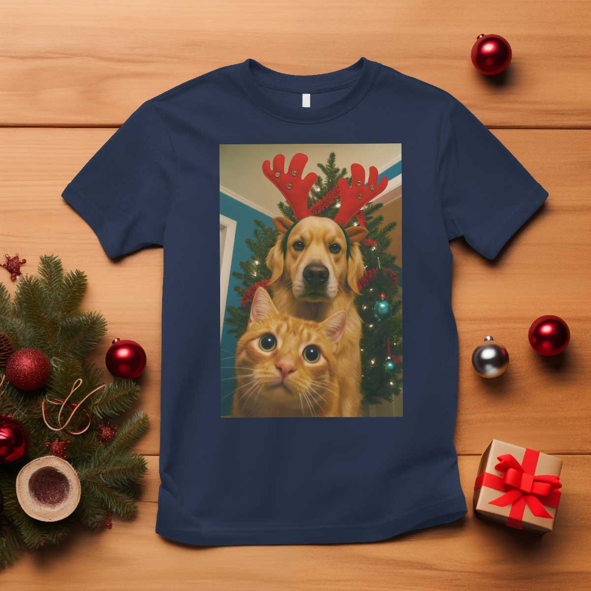 Funny Cat With Dog Selfie Christmas T Shirt Pet Lover Xmas Gift TS14 Navy Print Your Wear
