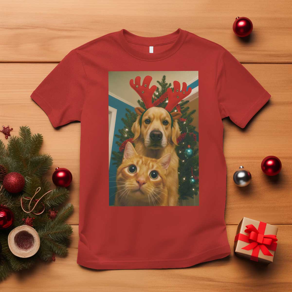 Funny Cat With Dog Selfie Christmas T Shirt Pet Lover Xmas Gift TS14 Red Print Your Wear
