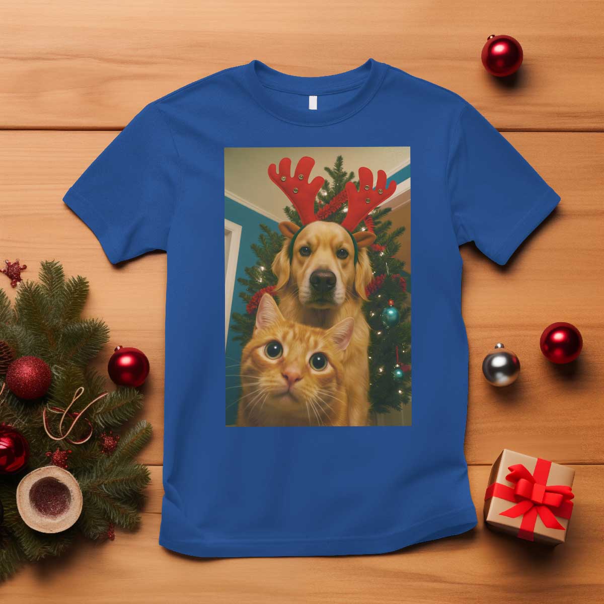 Funny Cat With Dog Selfie Christmas T Shirt Pet Lover Xmas Gift TS14 Royal Blue Print Your Wear