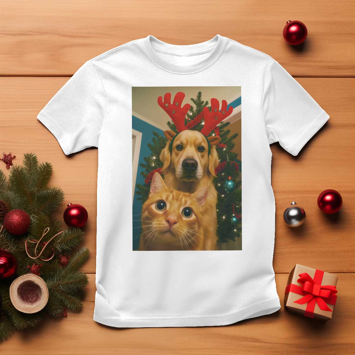 Funny Cat With Dog Selfie Christmas T Shirt Pet Lover Xmas Gift TS14 White Print Your Wear