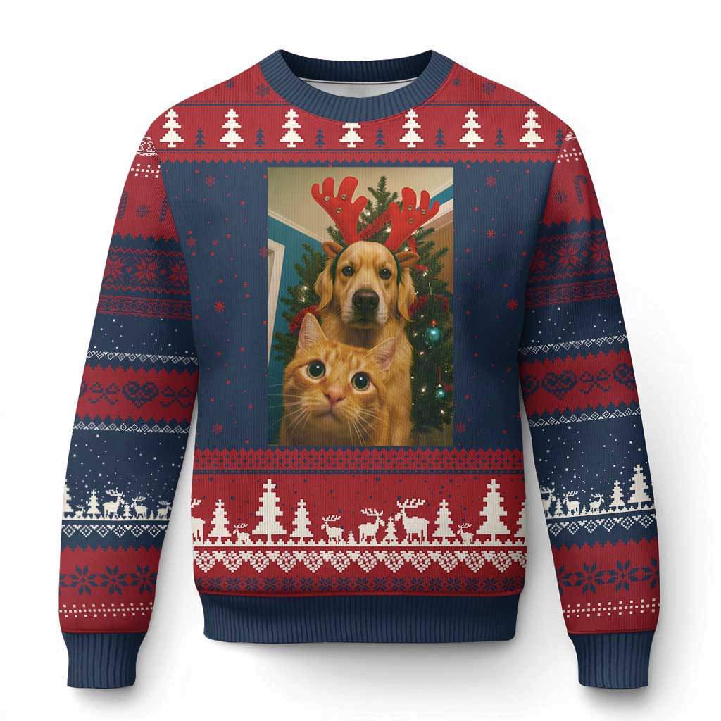 Funny Cat With Dog Selfie Xmas Ugly Christmas Sweater Pet Lover Xmas Gift TS14 Navy Red Print Your Wear