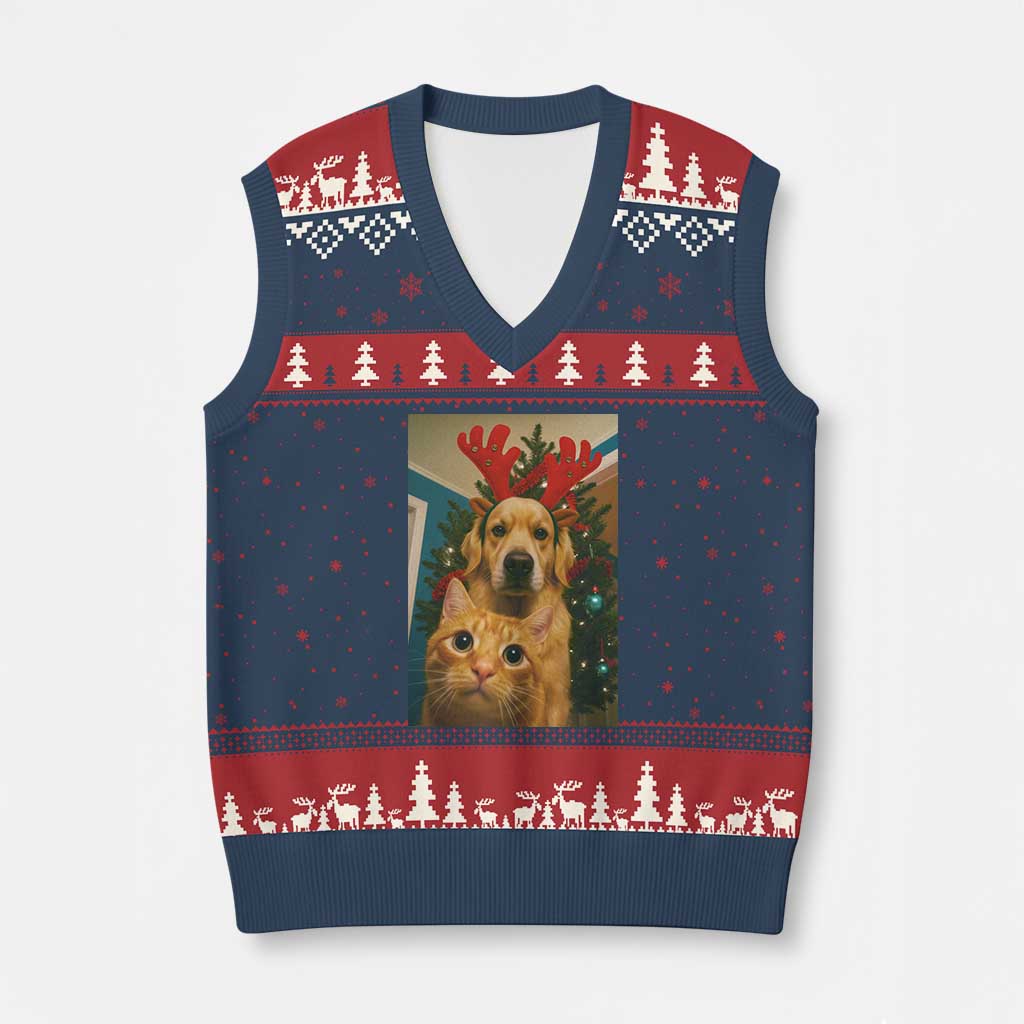 Funny Cat With Dog Selfie Xmas V-Neck Knit Sweater Vest Pet Lover Xmas Gift TS14 Navy Red Print Your Wear
