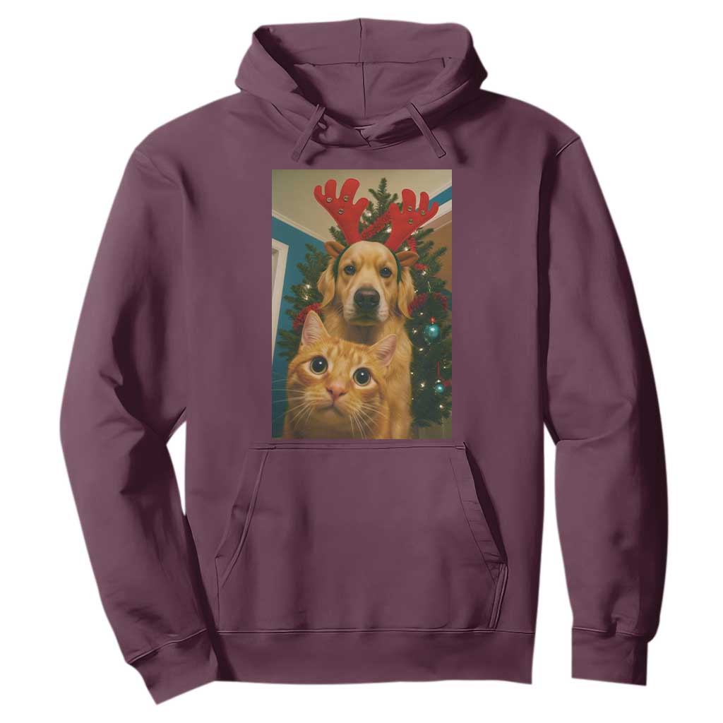 Funny Cat With Dog Selfie Christmas Hoodie Pet Lover Xmas Gift TS14 Maroon Print Your Wear
