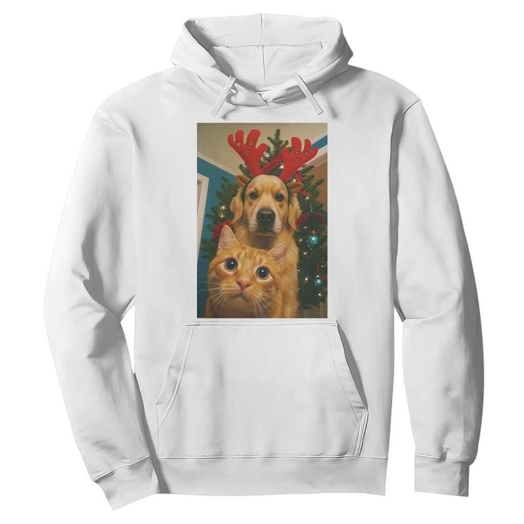 Funny Cat With Dog Selfie Christmas Hoodie Pet Lover Xmas Gift TS14 White Print Your Wear