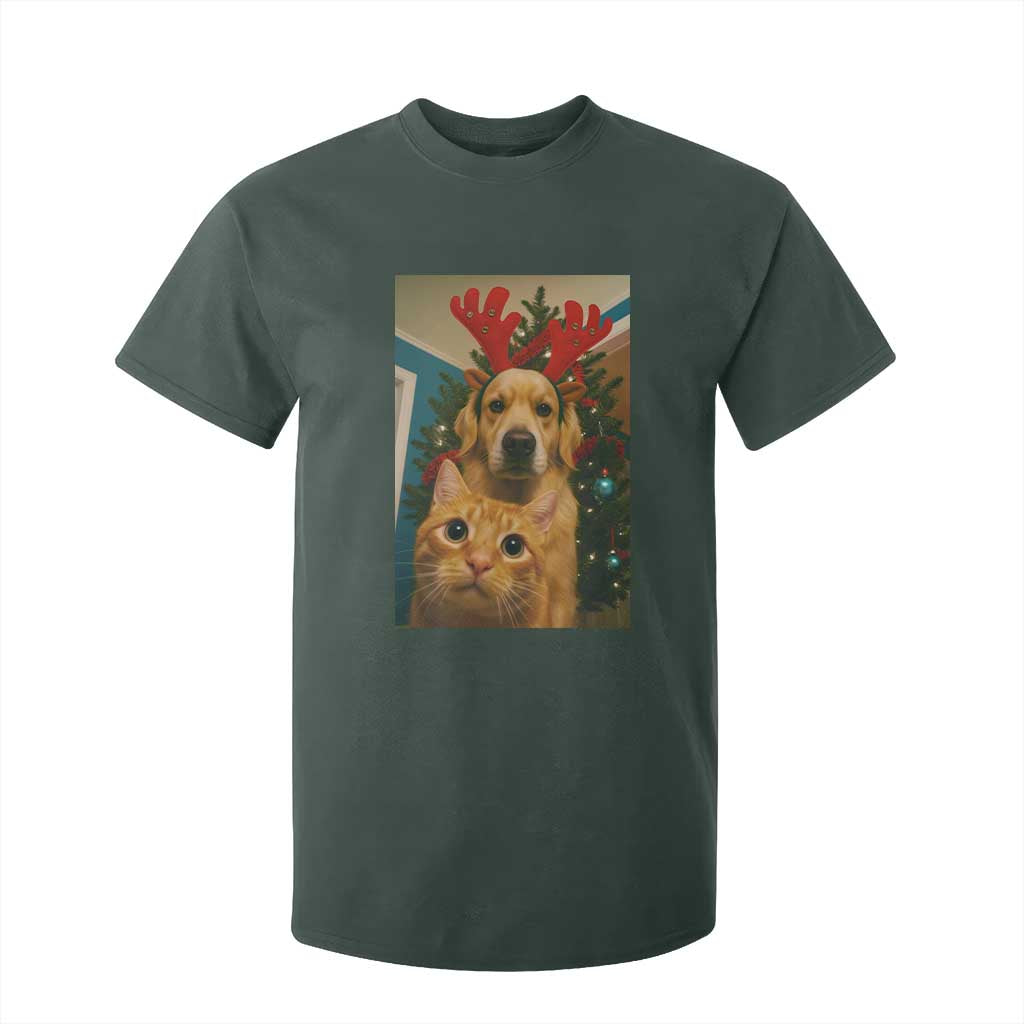 Funny Cat With Dog Selfie Christmas T Shirt For Kid Pet Lover Xmas Gift TS14 Dark Forest Green Print Your Wear