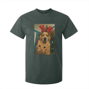 Funny Cat With Dog Selfie Christmas T Shirt For Kid Pet Lover Xmas Gift TS14 Dark Forest Green Print Your Wear