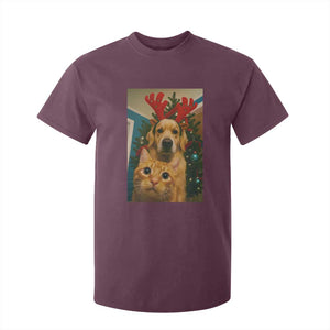 Funny Cat With Dog Selfie Christmas T Shirt For Kid Pet Lover Xmas Gift TS14 Maroon Print Your Wear