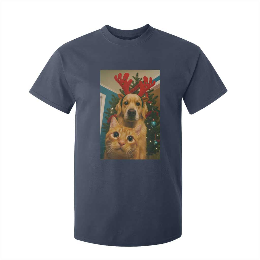 Funny Cat With Dog Selfie Christmas T Shirt For Kid Pet Lover Xmas Gift TS14 Navy Print Your Wear