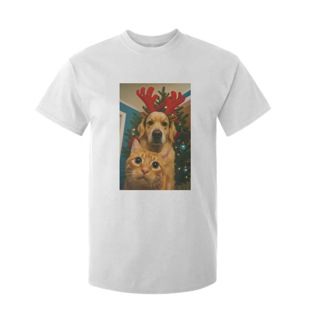 Funny Cat With Dog Selfie Christmas T Shirt For Kid Pet Lover Xmas Gift TS14 White Print Your Wear