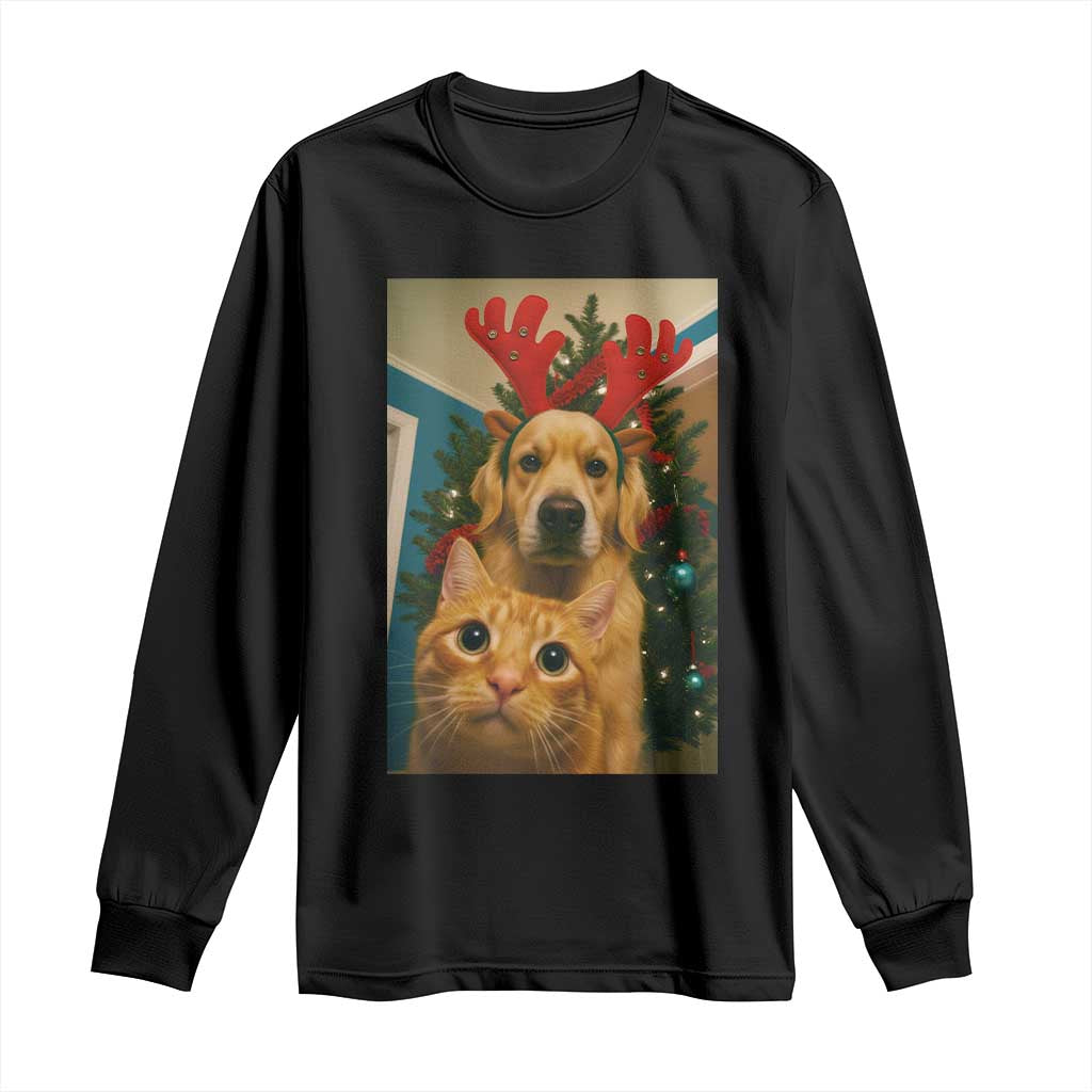 Funny Cat With Dog Selfie Christmas Long Sleeve Shirt Pet Lover Xmas Gift TS14 Black Print Your Wear