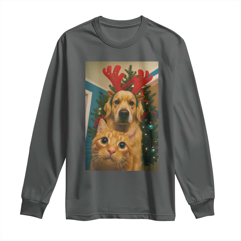 Funny Cat With Dog Selfie Christmas Long Sleeve Shirt Pet Lover Xmas Gift TS14 Dark Heather Print Your Wear