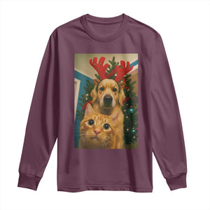 Funny Cat With Dog Selfie Christmas Long Sleeve Shirt Pet Lover Xmas Gift TS14 Maroon Print Your Wear