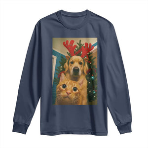 Funny Cat With Dog Selfie Christmas Long Sleeve Shirt Pet Lover Xmas Gift TS14 Navy Print Your Wear