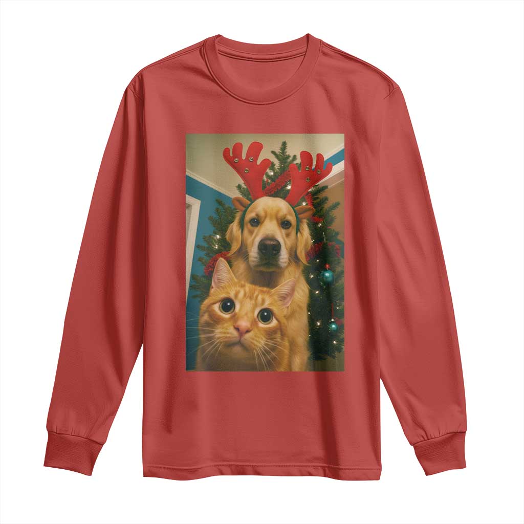 Funny Cat With Dog Selfie Christmas Long Sleeve Shirt Pet Lover Xmas Gift TS14 Red Print Your Wear