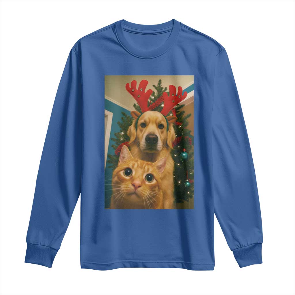 Funny Cat With Dog Selfie Christmas Long Sleeve Shirt Pet Lover Xmas Gift TS14 Royal Blue Print Your Wear