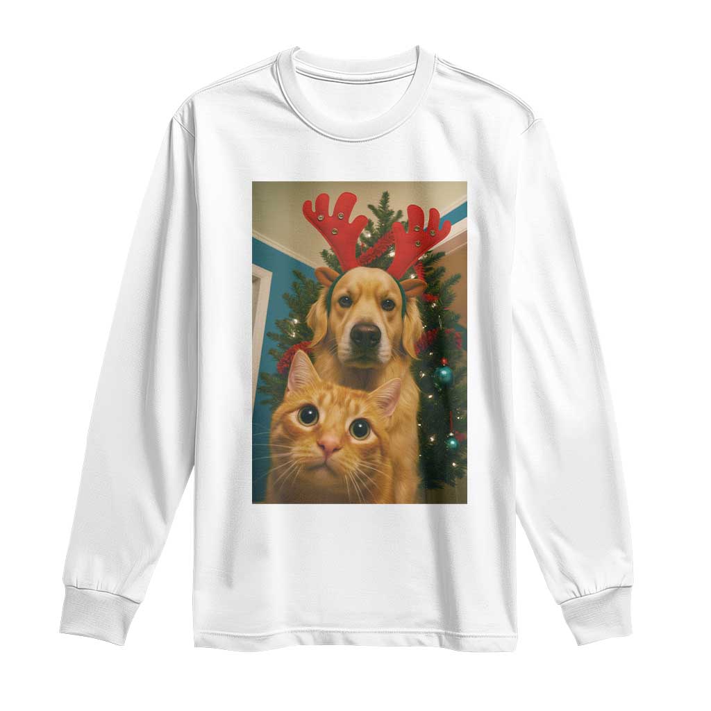 Funny Cat With Dog Selfie Christmas Long Sleeve Shirt Pet Lover Xmas Gift TS14 White Print Your Wear
