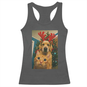Funny Cat With Dog Selfie Christmas Racerback Tank Top Pet Lover Xmas Gift TS14 Dark Heather Print Your Wear