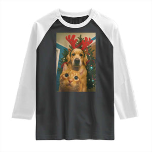 Funny Cat With Dog Selfie Christmas Raglan Shirt Pet Lover Xmas Gift TS14 Black White Print Your Wear