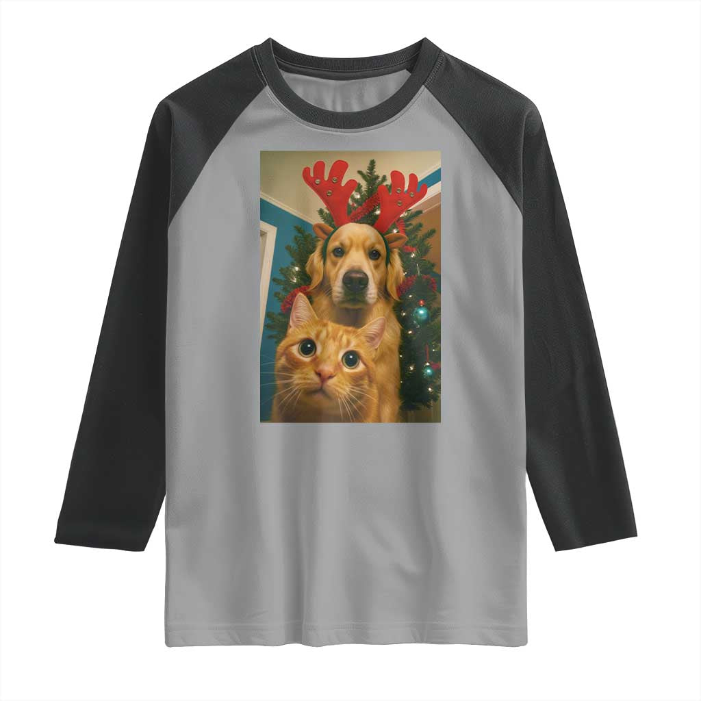 Funny Cat With Dog Selfie Christmas Raglan Shirt Pet Lover Xmas Gift TS14 Sport Gray Black Print Your Wear