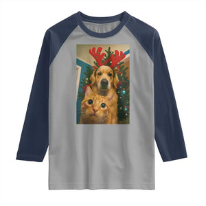 Funny Cat With Dog Selfie Christmas Raglan Shirt Pet Lover Xmas Gift TS14 Sport Gray Navy Print Your Wear