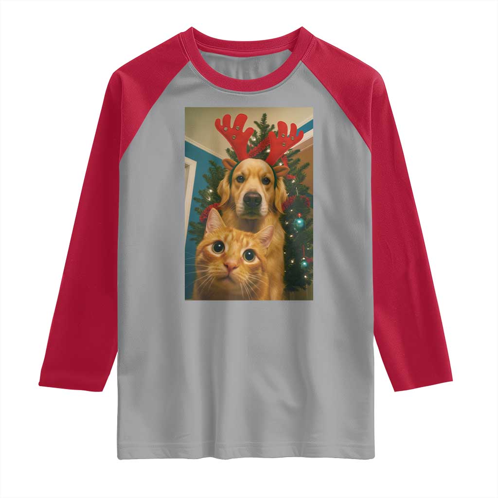 Funny Cat With Dog Selfie Christmas Raglan Shirt Pet Lover Xmas Gift TS14 Sport Gray Red Print Your Wear