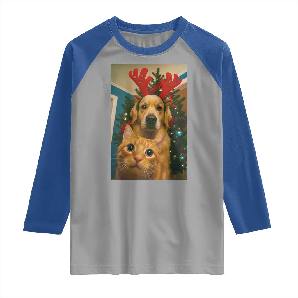 Funny Cat With Dog Selfie Christmas Raglan Shirt Pet Lover Xmas Gift TS14 Sport Gray Royal Print Your Wear