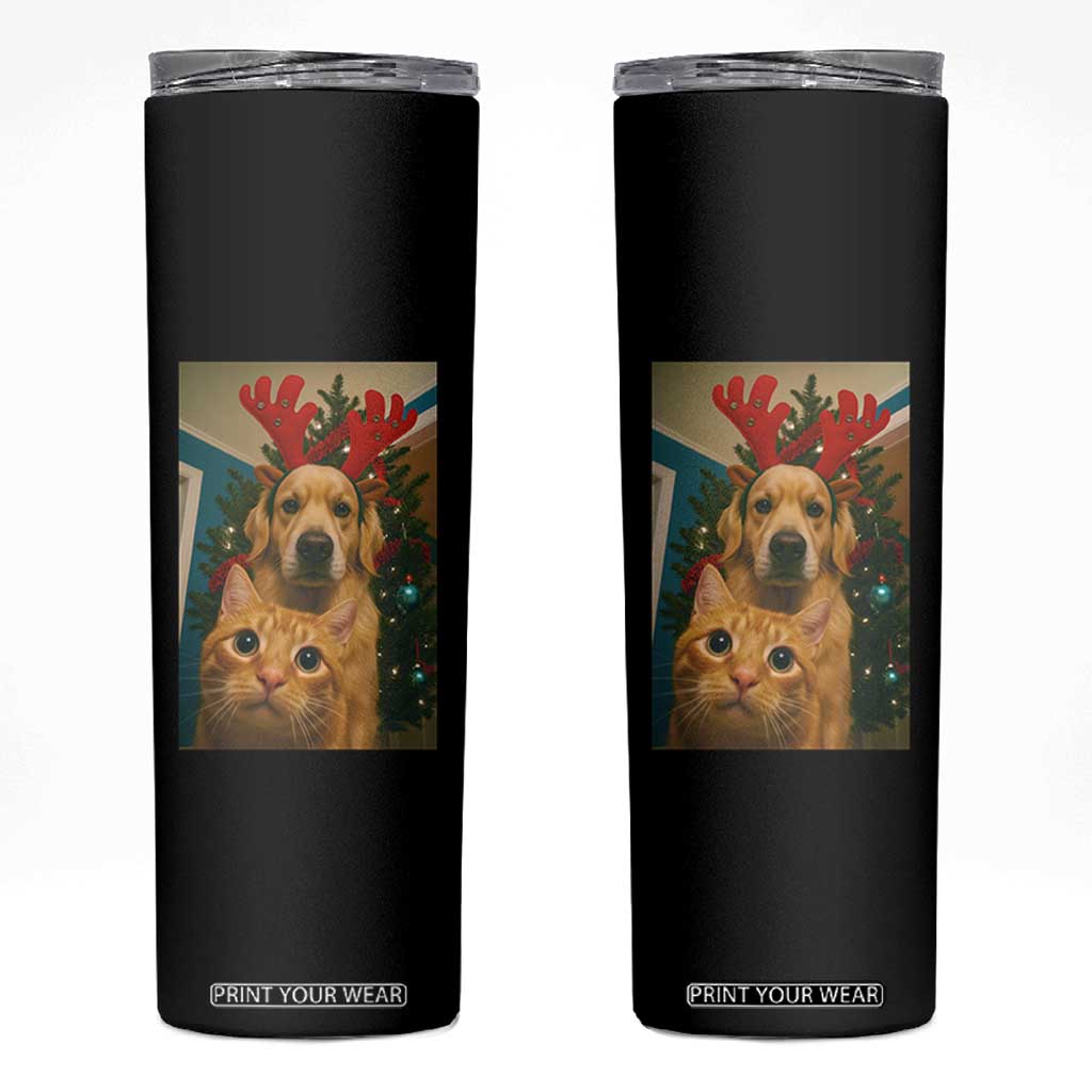 Funny Cat With Dog Selfie Christmas Skinny Tumbler Pet Lover Xmas Gift TS14 Black Print Your Wear