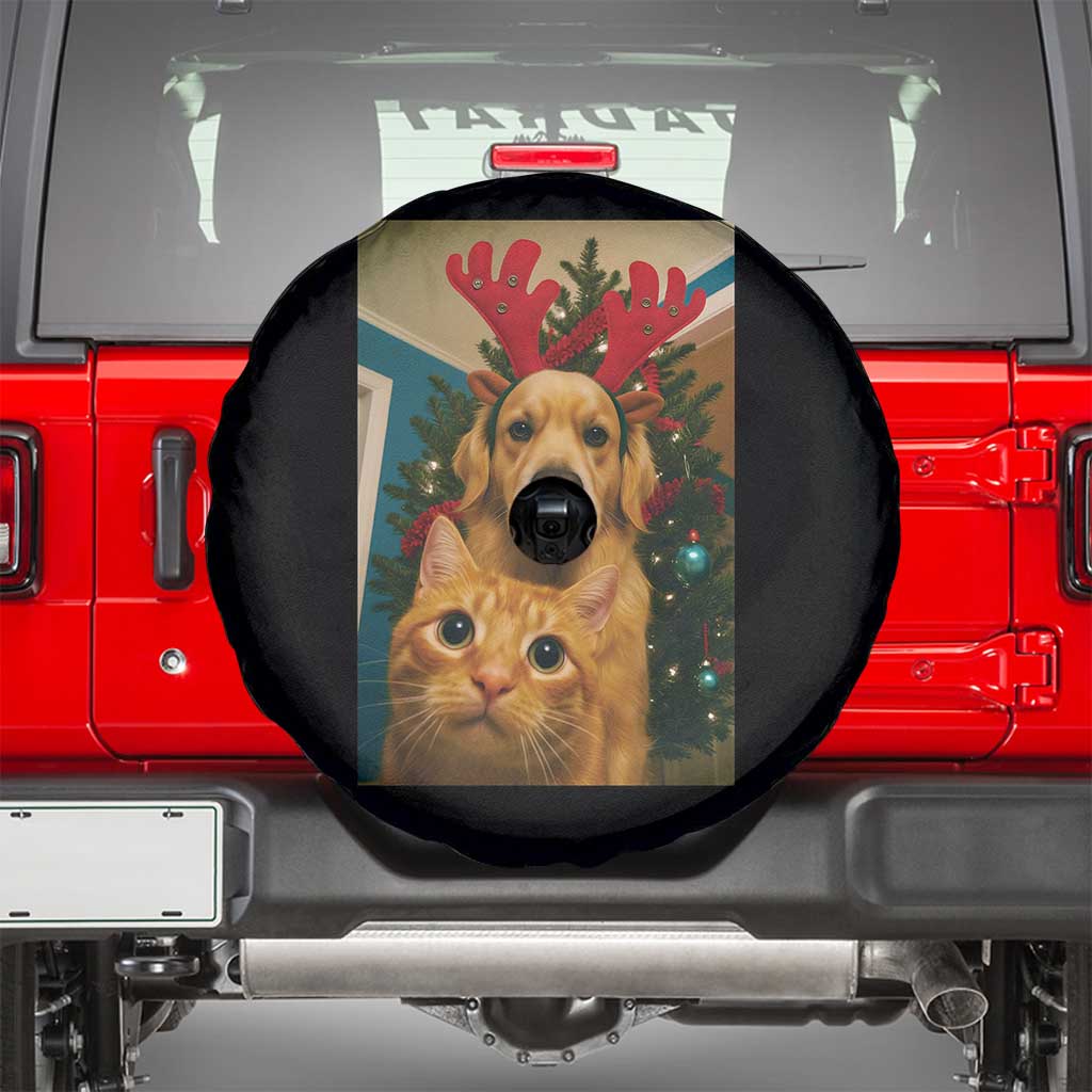 Funny Cat With Dog Selfie Christmas Spare Tire Cover Pet Lover Xmas Gift - Print Your Wear