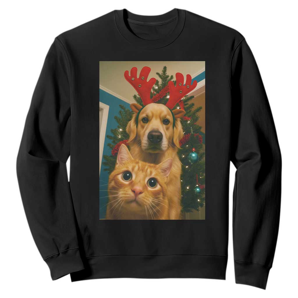 Funny Cat With Dog Selfie Christmas Sweatshirt Pet Lover Xmas Gift TS14 Black Print Your Wear