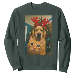 Funny Cat With Dog Selfie Christmas Sweatshirt Pet Lover Xmas Gift TS14 Dark Forest Green Print Your Wear