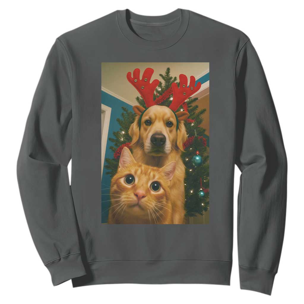 Funny Cat With Dog Selfie Christmas Sweatshirt Pet Lover Xmas Gift TS14 Dark Heather Print Your Wear