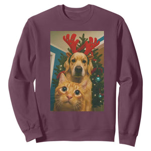 Funny Cat With Dog Selfie Christmas Sweatshirt Pet Lover Xmas Gift TS14 Maroon Print Your Wear