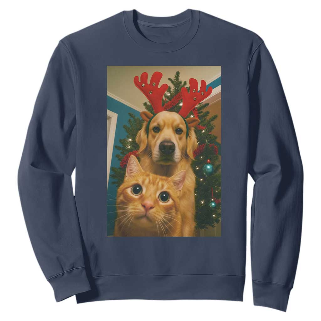 Funny Cat With Dog Selfie Christmas Sweatshirt Pet Lover Xmas Gift TS14 Navy Print Your Wear