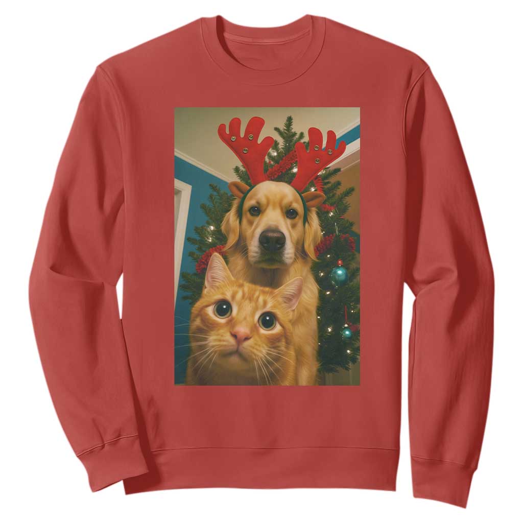 Funny Cat With Dog Selfie Christmas Sweatshirt Pet Lover Xmas Gift TS14 Red Print Your Wear