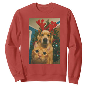 Funny Cat With Dog Selfie Christmas Sweatshirt Pet Lover Xmas Gift TS14 Red Print Your Wear
