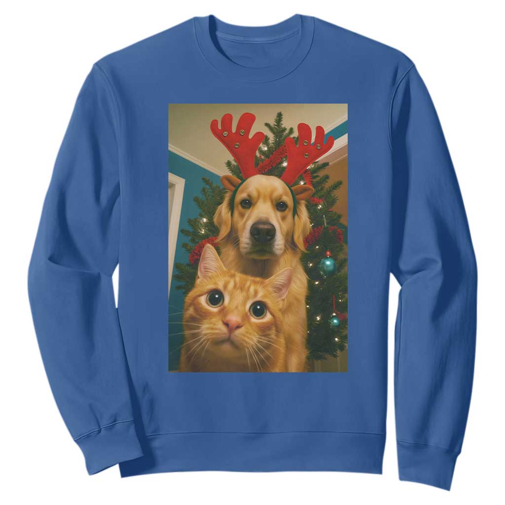 Funny Cat With Dog Selfie Christmas Sweatshirt Pet Lover Xmas Gift TS14 Royal Blue Print Your Wear