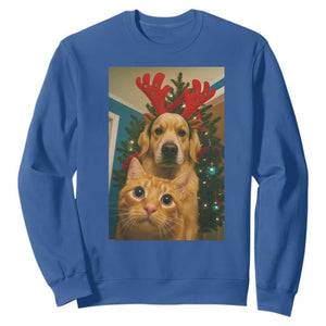 Funny Cat With Dog Selfie Christmas Sweatshirt Pet Lover Xmas Gift TS14 Royal Blue Print Your Wear