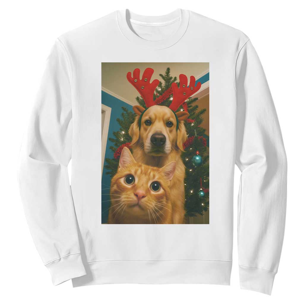 Funny Cat With Dog Selfie Christmas Sweatshirt Pet Lover Xmas Gift TS14 White Print Your Wear