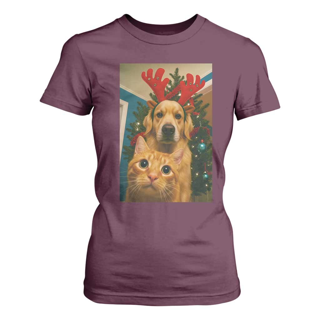 Funny Cat With Dog Selfie Christmas T Shirt For Women Pet Lover Xmas Gift TS14 Maroon Print Your Wear