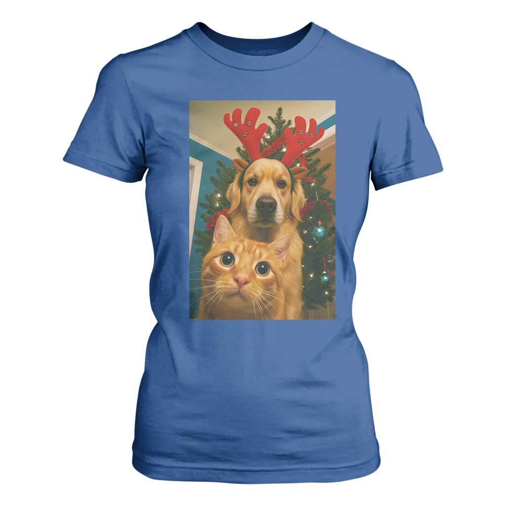 Funny Cat With Dog Selfie Christmas T Shirt For Women Pet Lover Xmas Gift TS14 Royal Blue Print Your Wear