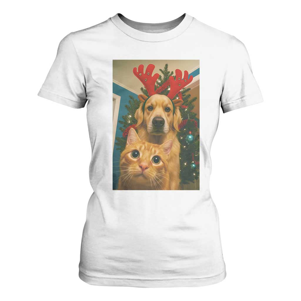 Funny Cat With Dog Selfie Christmas T Shirt For Women Pet Lover Xmas Gift TS14 White Print Your Wear