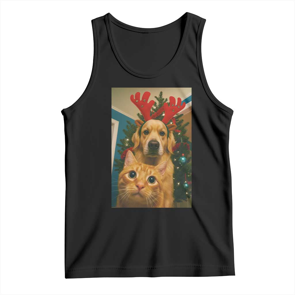 Funny Cat With Dog Selfie Christmas Tank Top Pet Lover Xmas Gift TS14 Black Print Your Wear