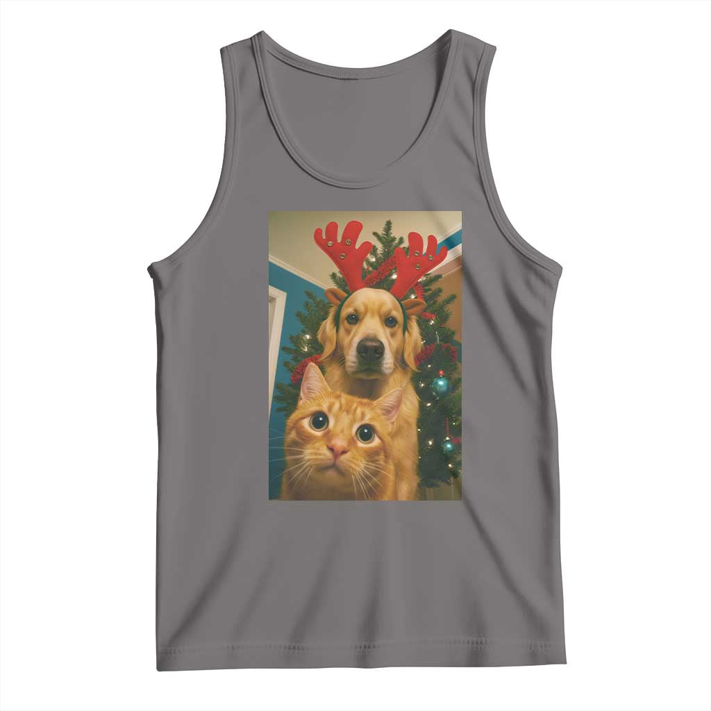 Funny Cat With Dog Selfie Christmas Tank Top Pet Lover Xmas Gift TS14 Deep Heather Print Your Wear
