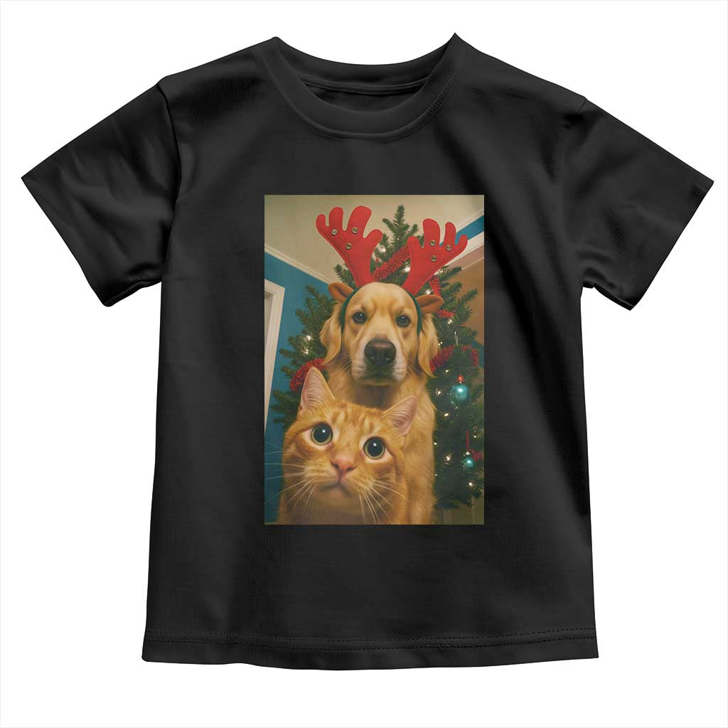 Funny Cat With Dog Selfie Christmas Toddler T Shirt Pet Lover Xmas Gift TS14 Black Print Your Wear