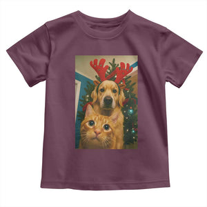 Funny Cat With Dog Selfie Christmas Toddler T Shirt Pet Lover Xmas Gift TS14 Maroon Print Your Wear