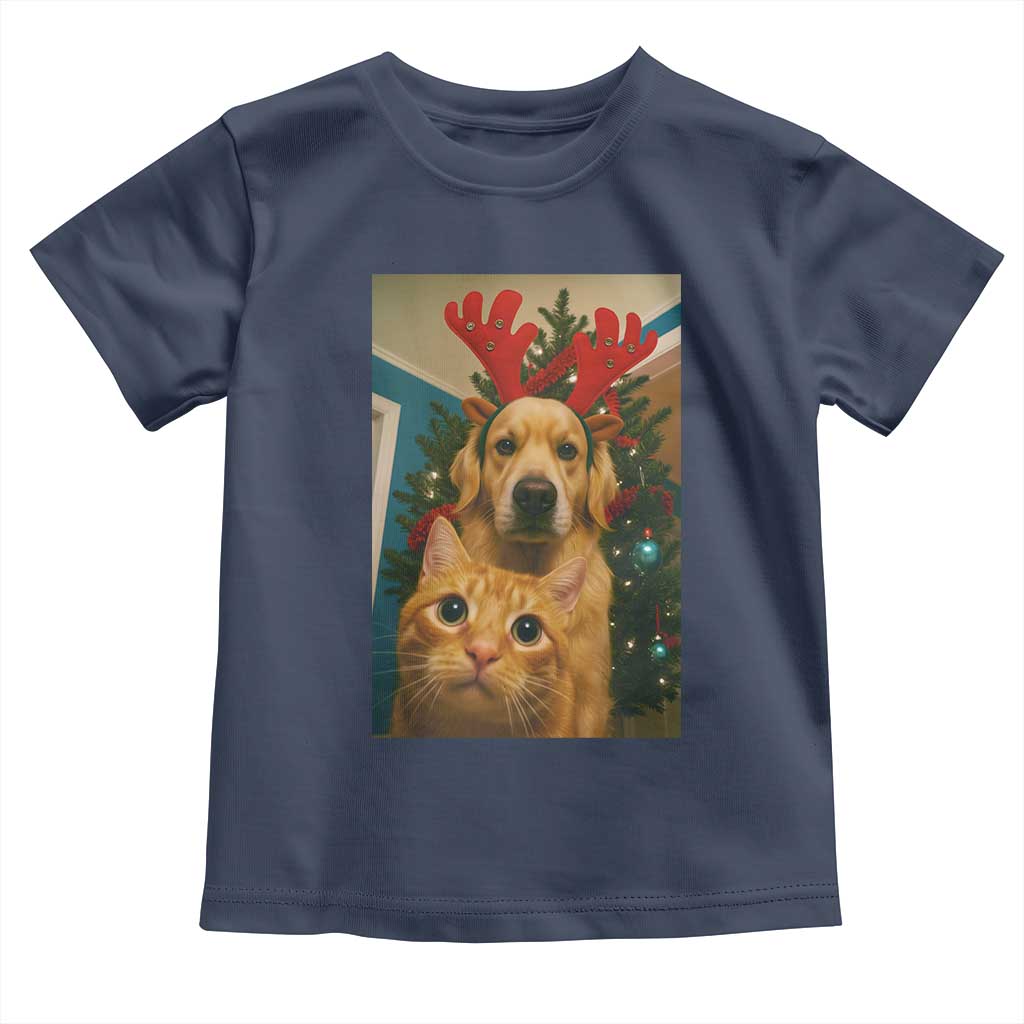 Funny Cat With Dog Selfie Christmas Toddler T Shirt Pet Lover Xmas Gift TS14 Navy Print Your Wear