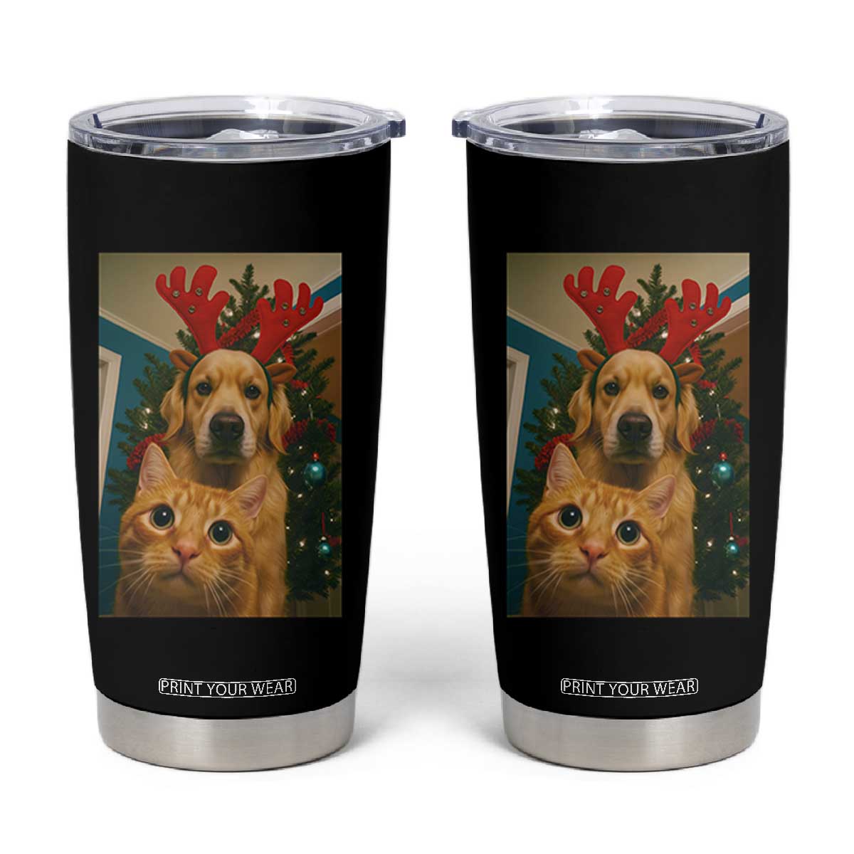 Funny Cat With Dog Selfie Christmas Tumbler Cup Pet Lover Xmas Gift TS14 Black Print Your Wear